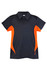 A black polo shirt with orange accents, featuring a collar and three-button placket, and a logo.