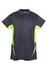 A kid's polo shirt in dark grey with bright green accents and a logo on the chest.