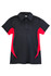A black polo shirt with red accents, featuring a collar and buttons, and a branded logo.