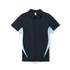 A navy blue polo shirt with light blue accents and a logo. Features a collared neckline and short sleeves.