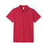 A red polyester polo shirt with a classic collar and short sleeves, featuring a logo.