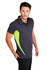 Men's polyester polo shirt in dark grey with a bright green side design. It features a logo on the chest.