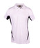 A white polyester polo shirt featuring black accents and a logo on the chest.