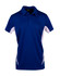 A blue and white men's polo shirt with a collar and short sleeves, featuring a logo on the front.