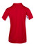 A red polyester polo shirt with white side panels and a collar, featuring a logo on the back.