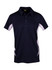 A navy blue polo shirt with white accents and a logo on the chest. It features a collar and three buttons.