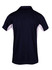 A polyester polo shirt in navy blue with white accents and a logo on the back.