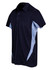 A men's polo shirt in navy blue with light blue side panels and a collar, featuring a logo on the chest.