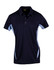 A navy blue polo shirt with light blue side panels and a logo on the chest. Features a collar and buttons.