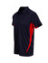A navy blue and red men's polo shirt featuring a collar and short sleeves, with a logo on the front.