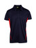 A navy blue polo shirt with red accents and a collar, featuring a branding logo.