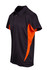 A black and orange polyester polo shirt featuring a logo on the chest and a sporty design.