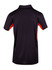 A black polo shirt with orange accents, featuring a logo on the back.