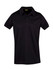 A black polyester polo shirt with a collar and three buttons, featuring a logo on the label.