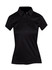 A black women's polyester polo shirt featuring a collar, buttons, and a fitted design. It includes a logo.