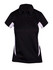 A women's polo shirt in black with white accents, featuring a collar and short sleeves, includes a logo.
