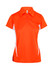An orange women's polo shirt with white side accents and a collar, featuring buttons and a logo.