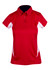 A red women's polo shirt with short sleeves and white accents, featuring a collar and button placket.