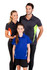 A woman in a black polo with orange accents, a man in a black polo with green accents, and a girl in a blue polo.
