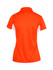 A women's polo shirt in vibrant orange with white side panels and a collar, featuring a logo.