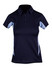 A women's polyester polo shirt in navy with light blue side panels and a collar. The shirt features a logo.