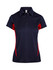 Women's polyester polo shirt in navy with red accents, featuring a collared neck and buttons. Includes a logo.
