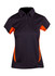 A women's polo shirt in black with orange accents, featuring a collar and button placket, and a logo.