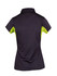 A women's polo shirt in navy with bright green accents, featuring a logo on the back.