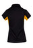 A women's polyester polo shirt in black and yellow, featuring a collar and short sleeves. It has a logo on the front.