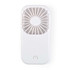 A portable Sirocco Fan in white, featuring a circular fan grille and a sleek rectangular body.