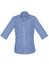 A blue and white checkered women's shirt with a 3/4 sleeve and a pocket on the left chest. It has a collar and buttons.