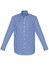 A blue and white checkered long sleeve button-up shirt with a collar and branding.