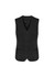 A black longline vest with a v-neckline, front buttons, and two pockets. Features branding on the garment.