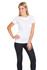 A woman is wearing a white modern fit T-shirt, paired with black jeans. The shirt has a logo on it.