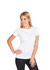 A white women's modern fit T-shirt displayed on a model with a casual pose and black jeans.