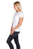 A white modern fit women's T-shirt displayed on a model wearing black jeans. The shirt has a simple design and a logo.