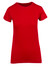 A red women's modern fit T-shirt with short sleeves and a fitted design. It features a logo on the front.