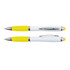 A stylus pen with a white body and bright yellow accents, featuring a silver clip and tip.
