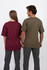 A maroon and olive green unisex regular T-shirt, featuring short sleeves and a logo on the back.