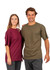 Two models wearing unisex regular T-shirts, one in burgundy and the other in olive green.