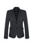 A women's mid-length blazer in dark grey with two buttons and angled pockets, featuring a tailored fit.