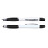 A stylus pen and highlighter combo in a sleek design featuring a white body with black accents and grip.