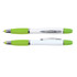 A green and white stylus pen and highlighter with a silver clip, featuring a sleek design and branding.