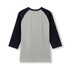 A women's 3/4 sleeve raglan T-shirt in grey with navy sleeves and a branding logo on the back.