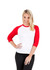 A women's 3/4 sleeve raglan T-shirt featuring a white body and red sleeves, modelled by a woman.