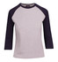 A light grey women's 3/4 sleeve raglan T-shirt with navy blue sleeves and a logo on the neck.