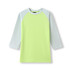 A women's 3/4 sleeve raglan T-shirt featuring a light green body and light blue sleeves, with a logo on the front.