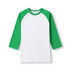 Women's 3/4 sleeve raglan t-shirt in green and white, featuring a comfortable fit and a branding logo.