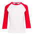 A women's 3/4 sleeve raglan T-shirt featuring white body and red sleeves. Includes a logo on the neckline.