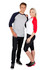 A women's 3/4 sleeve raglan T-shirt in red and white, featuring a logo, shown from the back.